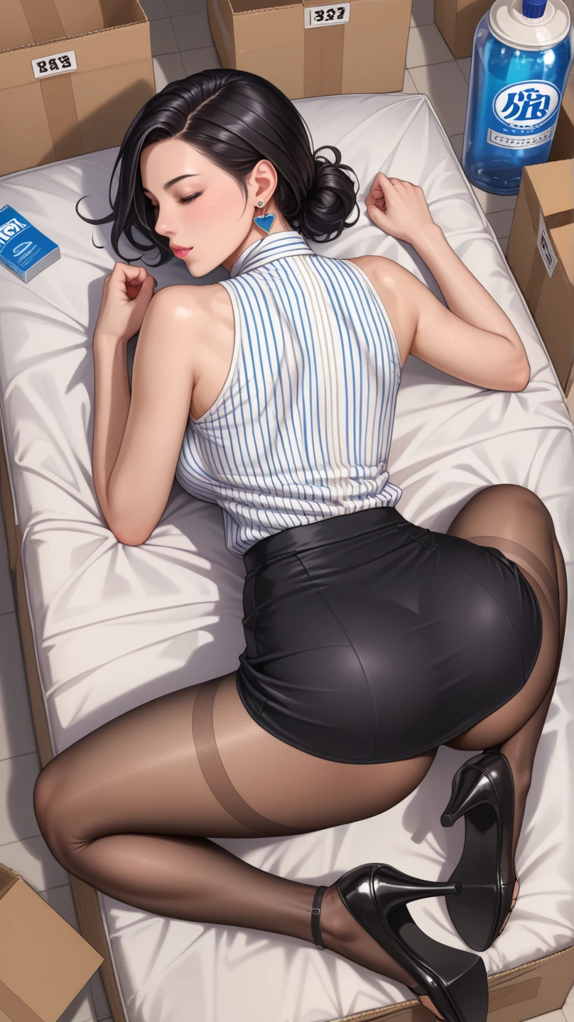  imagine a beautiful adult Japanese woman ，Wear short black hair , Beautiful and realistic face,  White Skin, , wearing a striped sleeveless top and black tight skirt,Padded with pantyhose ,  wearing black heels,  with eyes closed ,  and wears earrings and necklaces , Cover with plastic,  doggy pose in a cardboard box ,Inside is polystyrene , Realistic feet, Big Ass, whole body,   spread legs  ,  with a bar code tag on her body , View from above