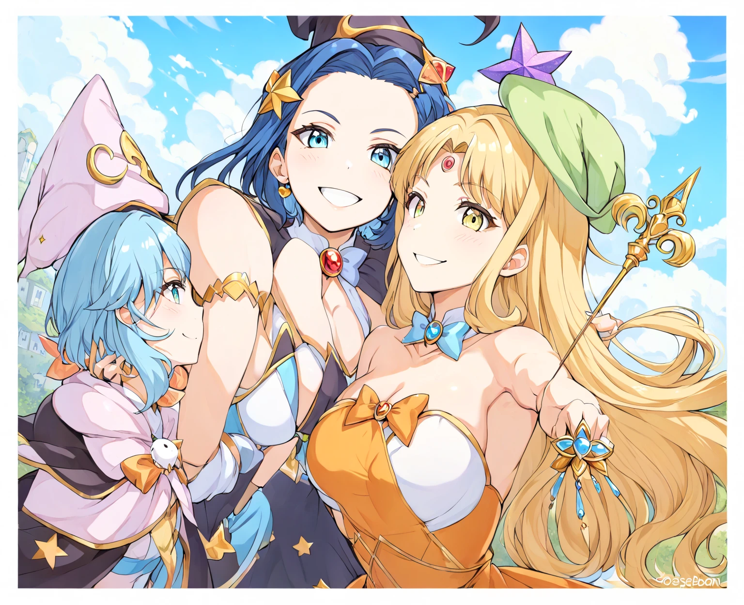 new Harem anime main visual style,pregnant girls wearing dress,happy,3 Pregnant Goddesses