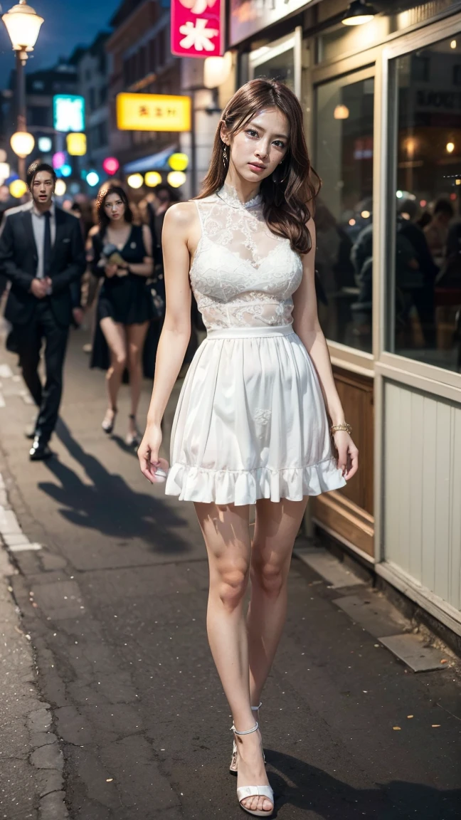 a beautiful young Japanese woman, 24 years old, with healthy thighs, beautiful legs, flawless skin, random hair color and hairstyle, large breasts, a hostess wearing a hostess dress, high heels, (she is standing:1.2), full body shot, holding a purse in one hand, on a busy city street at night, (best quality,4k,8k,highres,masterpiece:1.3),(extremely detailed:1.2),detailed anatomy,photorealistic,vibrant colors, dramatic lighting, Keiko Kitagawa