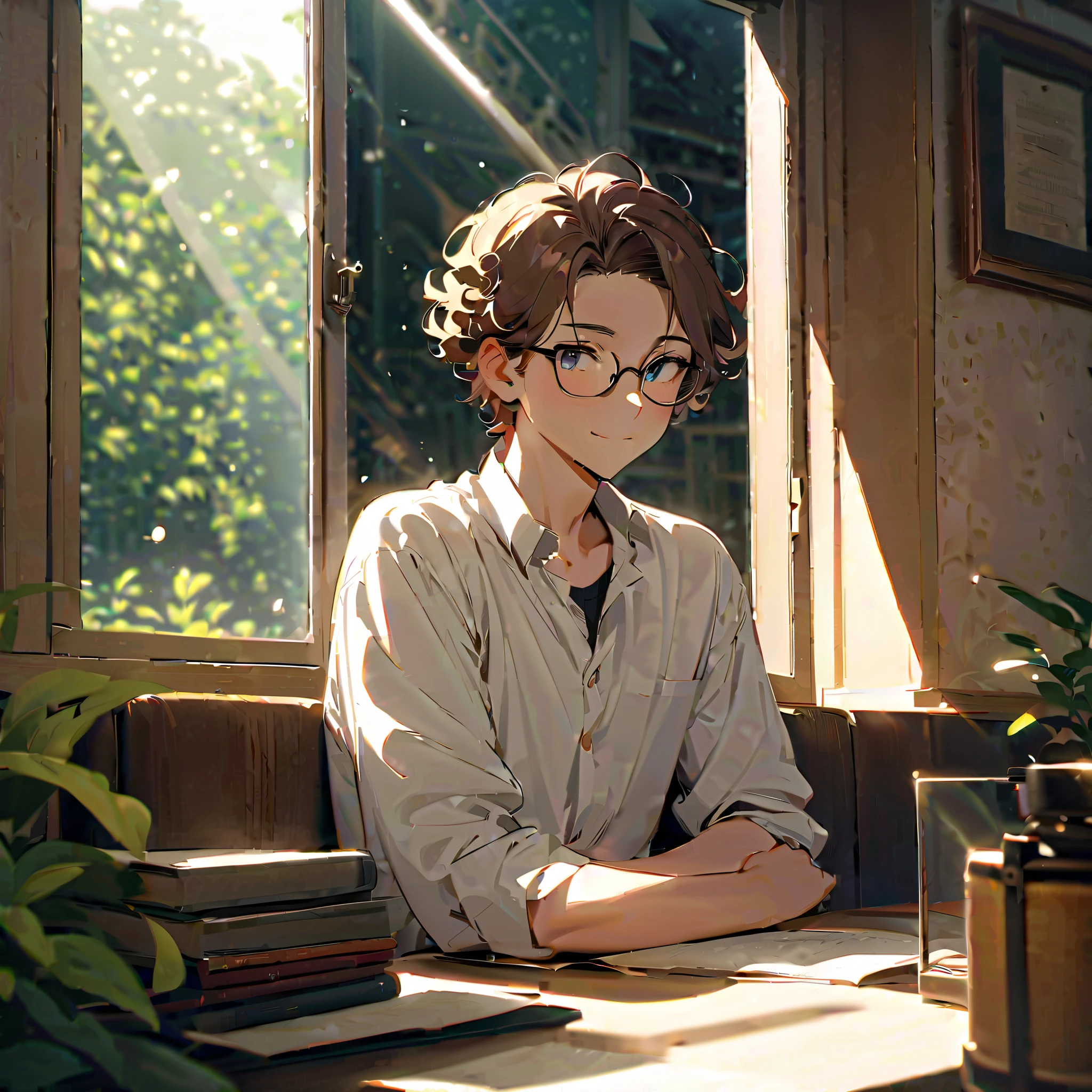 A cute ltittle boy spy, sitting in a chair, near a garden, sipping coffee, morning breeze, sun rise, good morning.