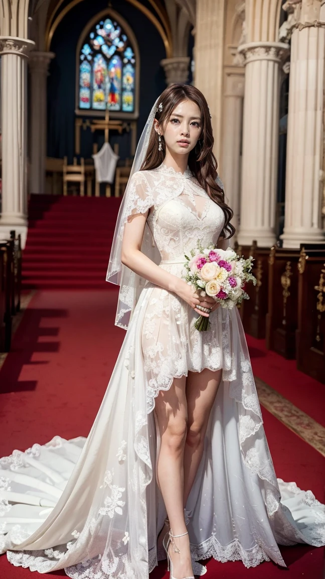 A beautiful young Japanese woman, 26 years old, with healthy thighs, beautiful legs, flawless skin, random hair color and style, large breasts, wearing a (wedding dress:1.3), (she is standing:1.2), full body shot, high heels, holding a bouquet in her hands, in a church setting, (best quality,8k, masterpiece:1.3), (extremely detailed:1.2), perfect anatomy, Keiko Kitagawa