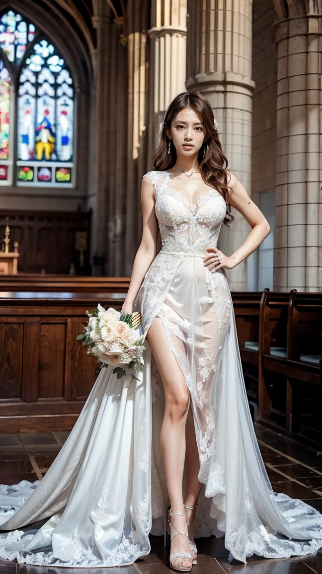 A beautiful young Japanese woman, 26 years old, with healthy thighs, beautiful legs, flawless skin, random hair color and style, large breasts, wearing a (wedding dress:1.3), (she is standing:1.2), full body shot, high heels, holding a bouquet in her hands, in a church setting, (best quality,8k, masterpiece:1.3), (extremely detailed:1.2), perfect anatomy, Keiko Kitagawa