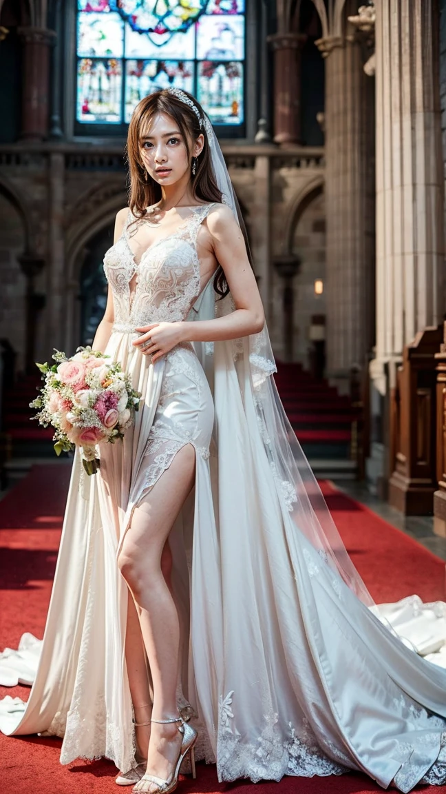 A beautiful young Japanese woman, 26 years old, with healthy thighs, beautiful legs, flawless skin, random hair color and style, large breasts, wearing a (wedding dress:1.3), (she is standing:1.2), full body shot, high heels, holding a bouquet in her hands, in a church setting, (best quality,8k, masterpiece:1.3), (extremely detailed:1.2), perfect anatomy, Keiko Kitagawa