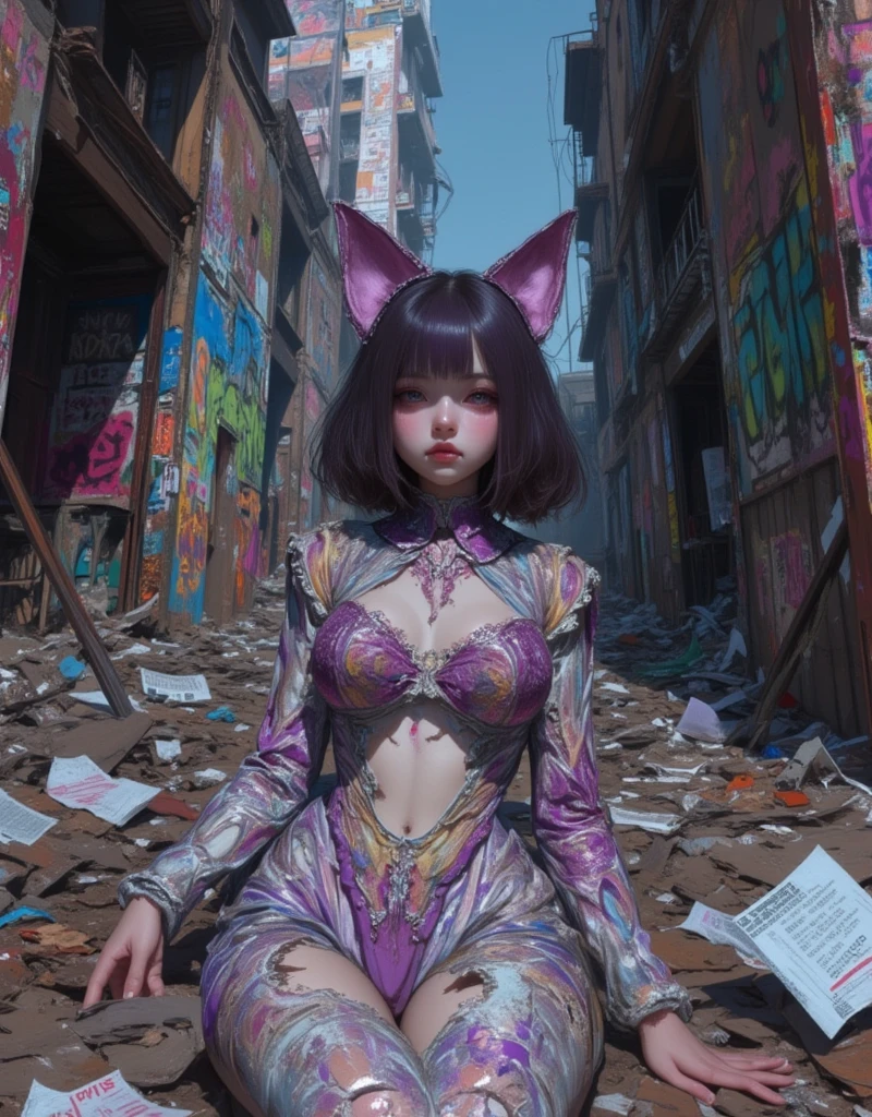 A cat-eared girl sex doll abandoned in a garbage dump between two buildings, Girl with Cat ear headband, Neko Mimi Mode, straight dark purple long hair, Horizontal fringe hair, detailed dirty lolita outfit, Lolita costume torn in places, cat ears with light pink inside, art by Bernie D’Andrea, Street art on the wall, details Underground Comic Art, Dirty cat ear girl illustration, beautiful illustration, glitch