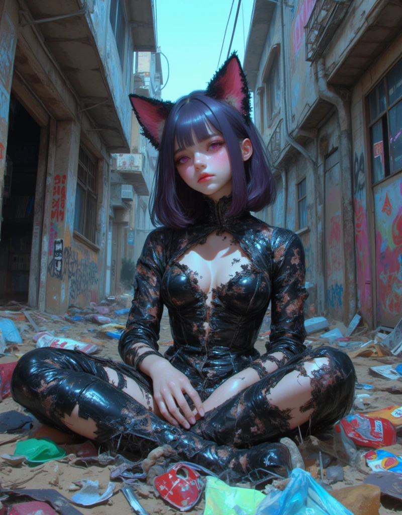 A cat-eared girl sex doll abandoned in a garbage dump between two buildings, Girl with Cat ear headband, Neko Mimi Mode, straight dark purple long hair, Horizontal fringe hair, detailed dirty lolita outfit, Lolita costume torn in places, cat ears with light pink inside, art by Bernie D’Andrea, Street art on the wall, details Underground Comic Art, Dirty cat ear girl illustration, beautiful illustration, glitch