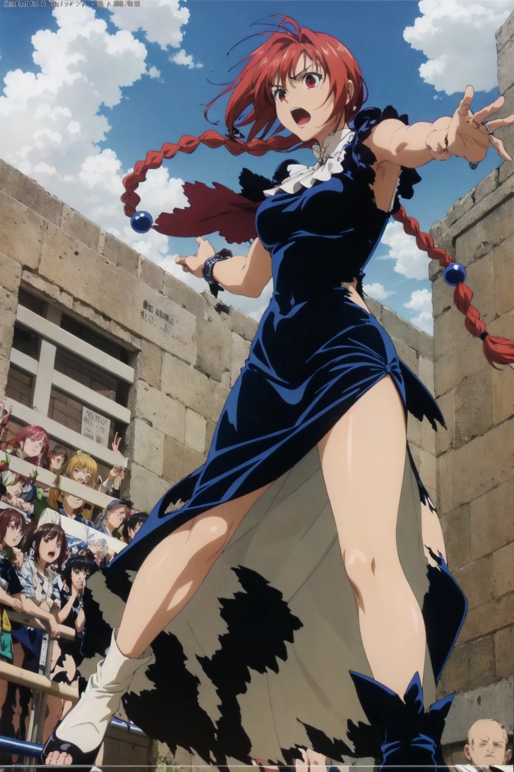 masterpiece,  top quality , high res,Dorothy,  redhead, red eyes,  farm work , dress, braided , black  dress,  looking at viewers,  raises arms、 both sides visible、  torn clothes 、、Martial arts background 、Big crowd