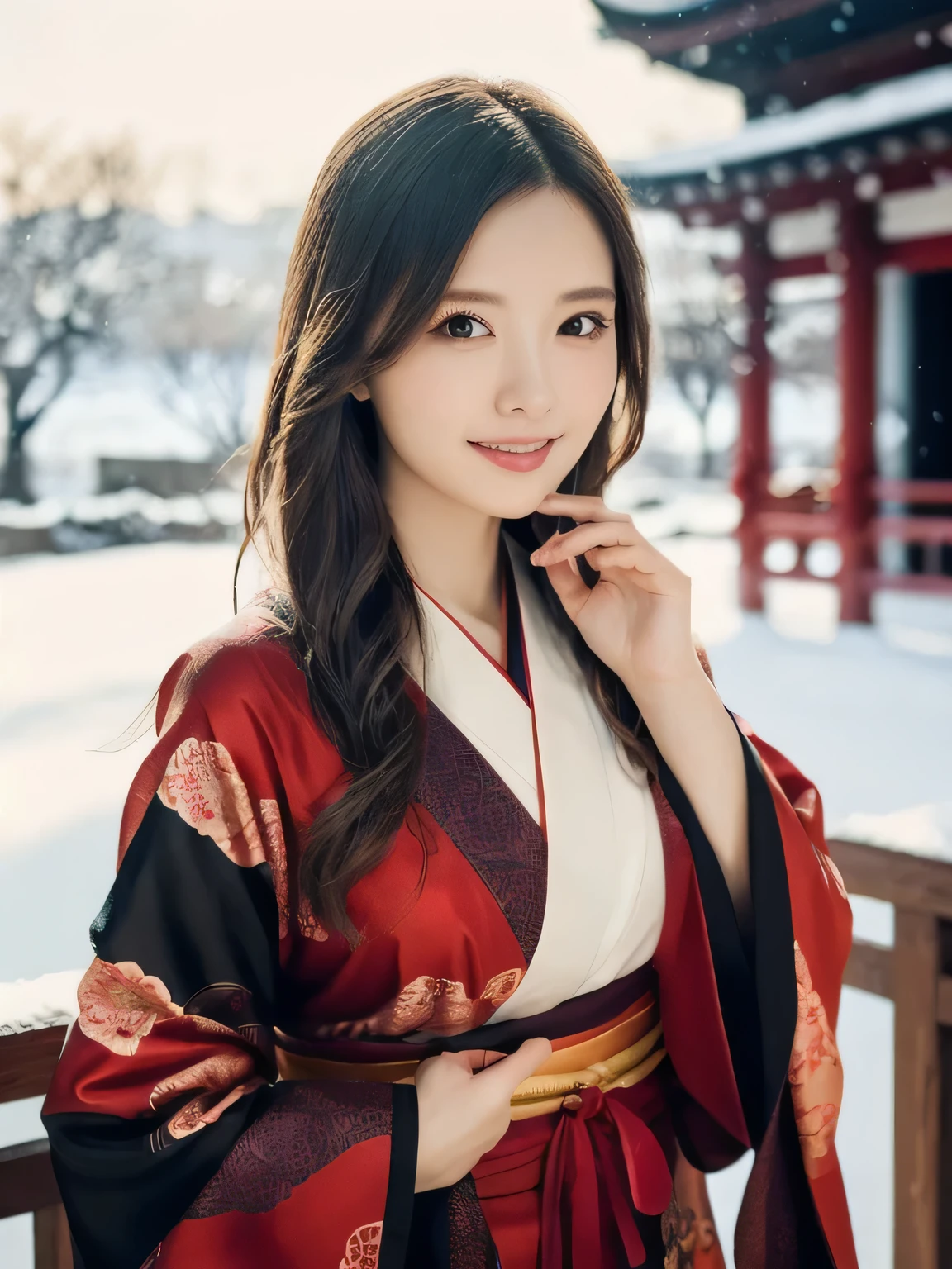 A breathtakingly beautiful 20-year-old woman with a slender physique, dressed in an elegant and luxurious black and red kimono suitable for the Japanese New Year. The background showcases a serene sunrise on New Year's Day, with a traditional Japanese shrine, snow-covered grounds, and vibrant red camellias in full bloom. The scene captures a harmonious blend of traditional beauty and the peaceful atmosphere of a snowy New Year's morning. smiles gently, FRIENDLY. ( RAW photos , top quality ), ( realistic, photo- realistic:1.4), masterpiece, extremely delicate and beautiful, extremely detailed, 2k wallpaper, amazing on the beach, detailed depiction , extremely detailed CG unity 8k wallpaper, Ultra Details, high res, Soft light,  extremely detailed eyes and face, beautiful detailed nose, beautiful detailed eyes, cinematic lighting, Perfect Anatomy, slender body.