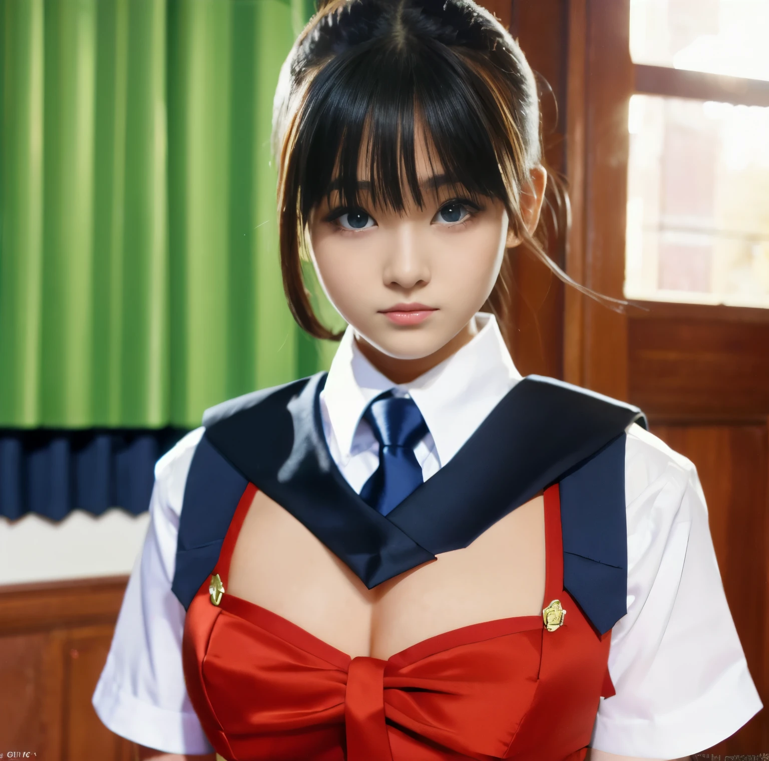 8K quality,  Masterpiece,  bright lighting ,  super real , (Two beautiful girls facing the camera and facing backwards :1.2),  Two are serious high school girls in uniform,  (One person faces directly in front of the camera and shows off her red ribbon tie in uniform ). The other one left faces backwards so I can't see his face, (The two are fully clothed ), Brilliant blue eyes , (High chest position:1.2), (Big Breasts:1.2), Photograph, butt lift, 