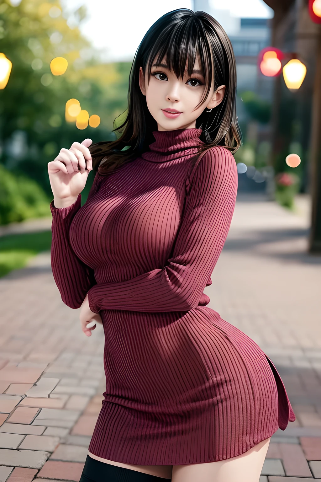  1girl, red knit dress, knit skirt, huge breasts, (masterpiece: 1.4), (best quality: 1.4), long hair, breasts, black thigh-high socks, park background, blue eyes, absolute field, single focus, thigh-high socks, ribbed sweater, smile, large breasts, sweater, open mouth, sideburns, hold, blush, skirt hold, wavy hair, turtleneck, alternative breast size, long sleeves, :d,View Viewer,