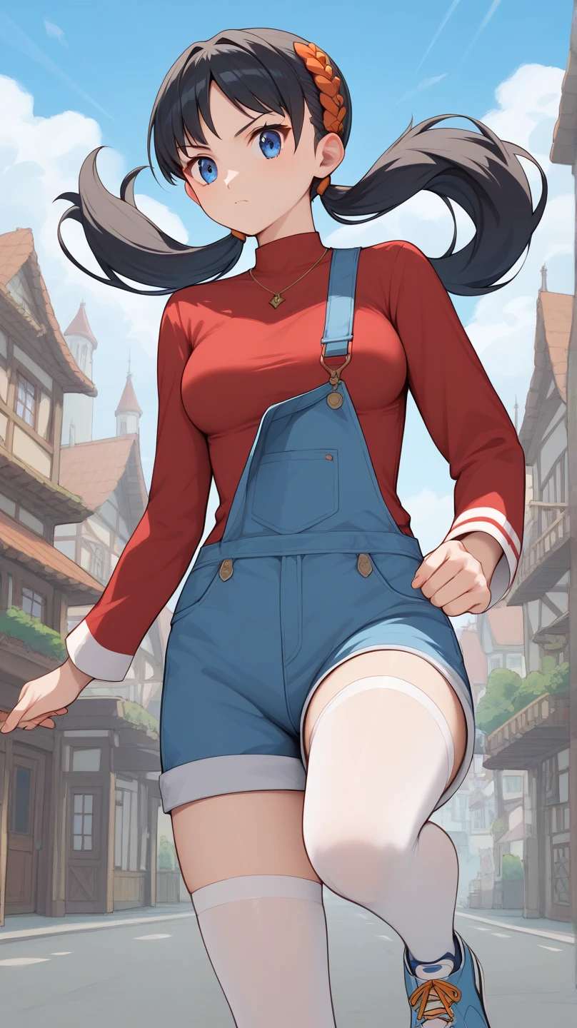 (( top quality )), ((masterpiece)), ( Details), 1girl,  sexy, blue-black hair color,  twin tails,  long hair,  blue eyes, red long sleeve shirt , blue shorts overalls,  white knee-high stockings reflective on glass floors,  absolute domain,  thighs, orange laces ,  Tall,  ANIME COLORING BOOK,  viewers, 1 Female, Age 18,  is standing, whole body,  Dynamic Poses,  high kick,  slim figure,  serious expression, Ample breasts, town, Two legs, two arms,