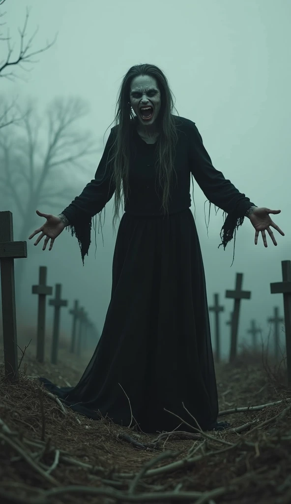 Create for me a horror photo of a female ghost of a young woman , with a scary face in a dark and macabre cemetery at night (The cemetery is dark and foggy)