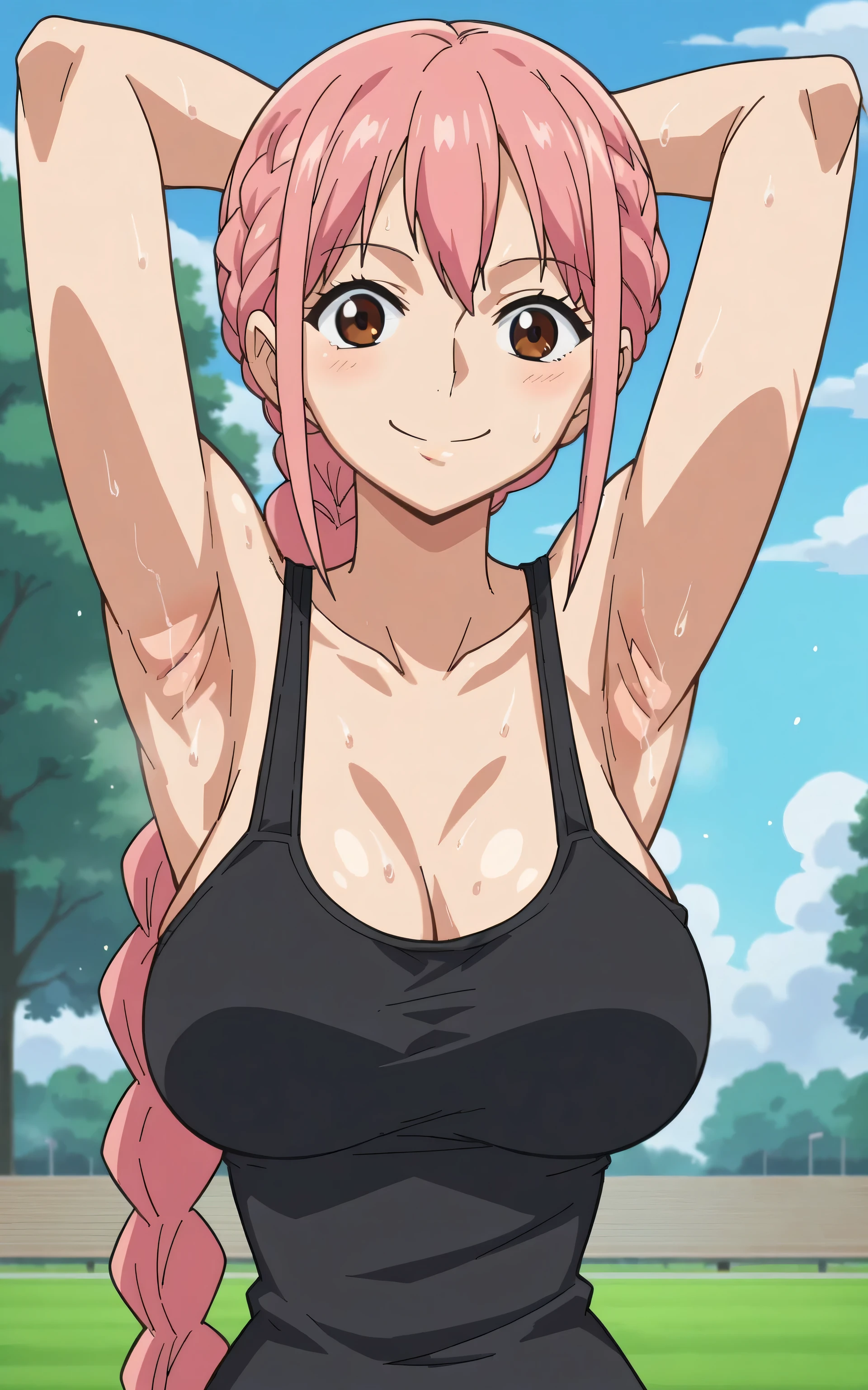 score_9, score_8_up, score_7_up, source_anime, anime screencap, 1girl, solo, RebeccaXLP, pink hair, brown eyes, large breasts, single braid, arms behind head, armpits, looking at viewer, head towards viewer, smile, badhandv4, closed mouth, outdoors, day, park, black tank top, sweaty 