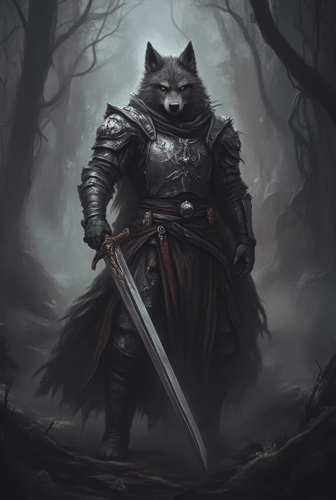 A wolf warrior in medieval knight armor, holding a longsword, standing in a misty Black Forest.