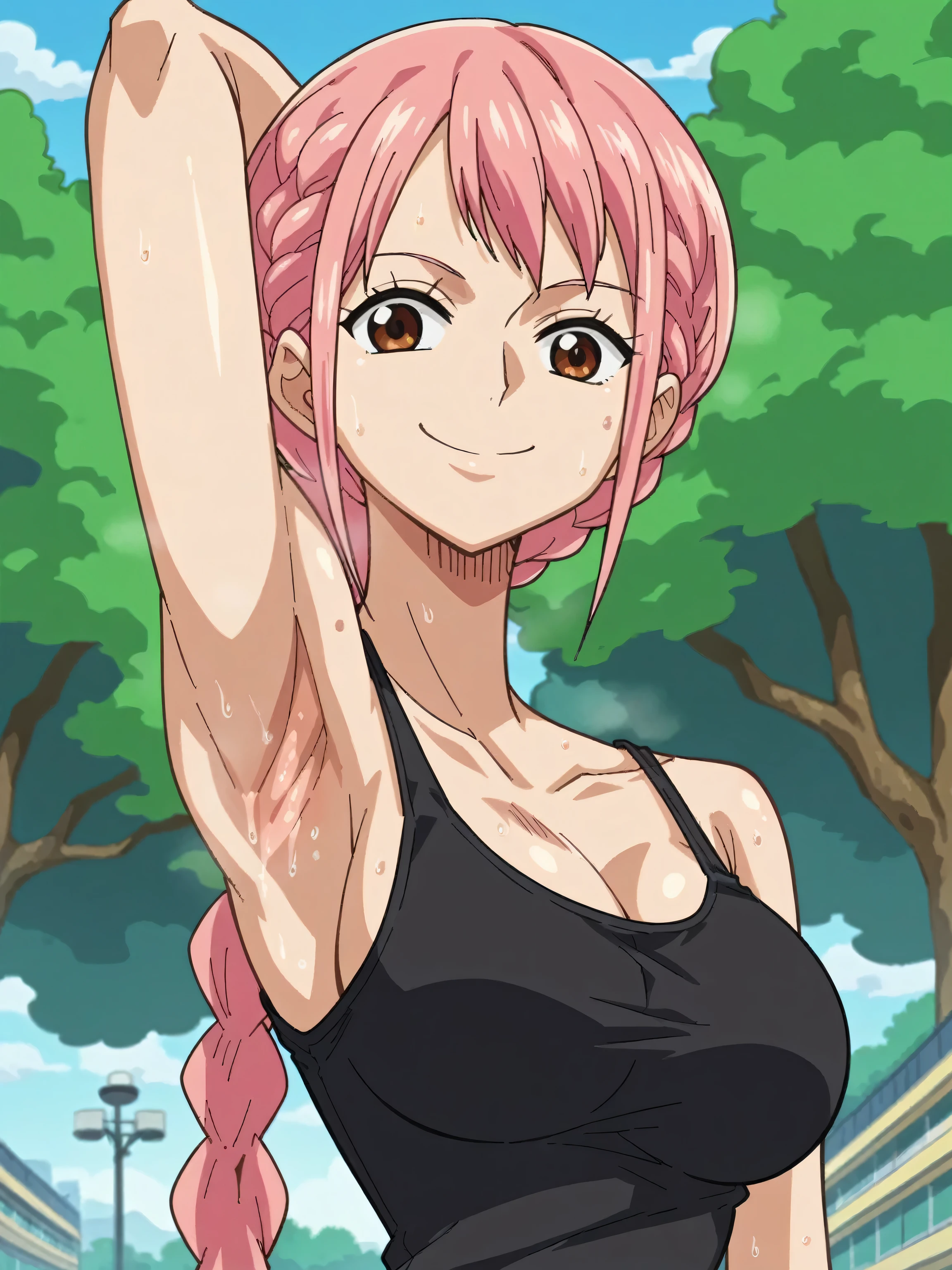 score_9, score_8_up, score_7_up, source_anime, anime screencap, 1girl, solo, RebeccaXLP, pink hair, brown eyes, large breasts, single braid, arm behind head, armpit, looking at viewer, head towards viewer, smile, badhandv4, closed mouth, outdoors, day, park, black tank top, sweaty, from side, from below 