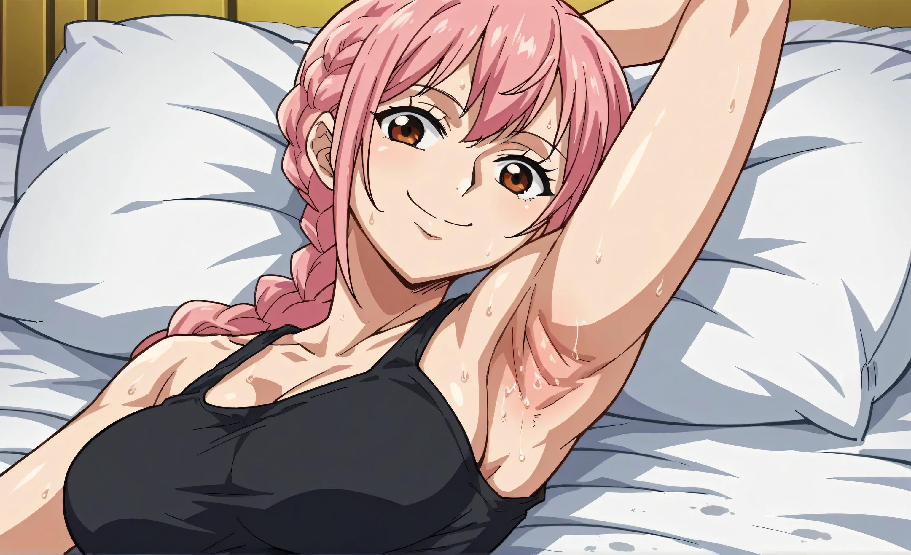 score_9, score_8_up, score_7_up, source_anime, anime screencap, 1girl, solo, RebeccaXLP, pink hair, brown eyes, large breasts, single braid, arm up, raised arm, armpit, looking at viewer, head towards viewer, smile, badhandv4, closed mouth, black tank top, sweaty, from side, lying in bed 