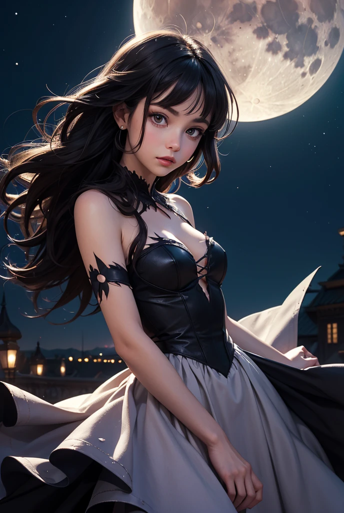 A princess of the night with her dress all torn and watching the moon 