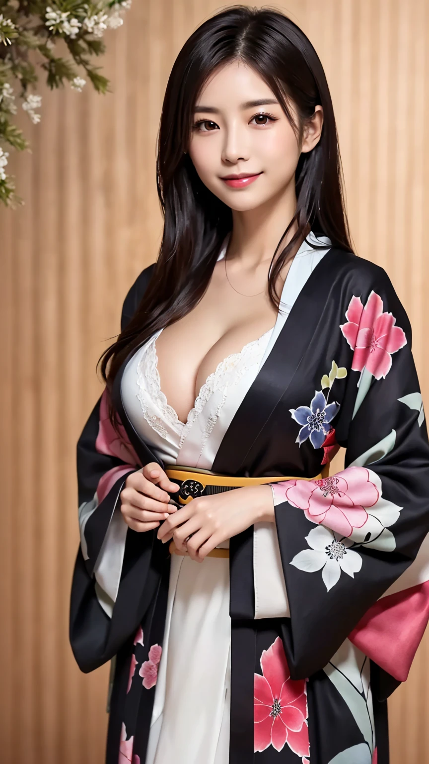 (kimono : 1.5), (new year background : 1.5), young and adorable Japanese face, Official Art, high definition CG Unity 8k wallpaper,Ultra high definition ,Very detailed, half photos with Brazil, high definition , Kodak Portrait 400, film grain , lens flare glow, best quality,8k, as a portrait shot,8k, Show viewer, (( best quality)), ( super detailed), smile, (( sexy)), (( Very detailedな)), (detailed clothing features), (beautiful), Illustration, beautiful Japanese woman, ((1 female)), (Bold Cleavage : 1.3)