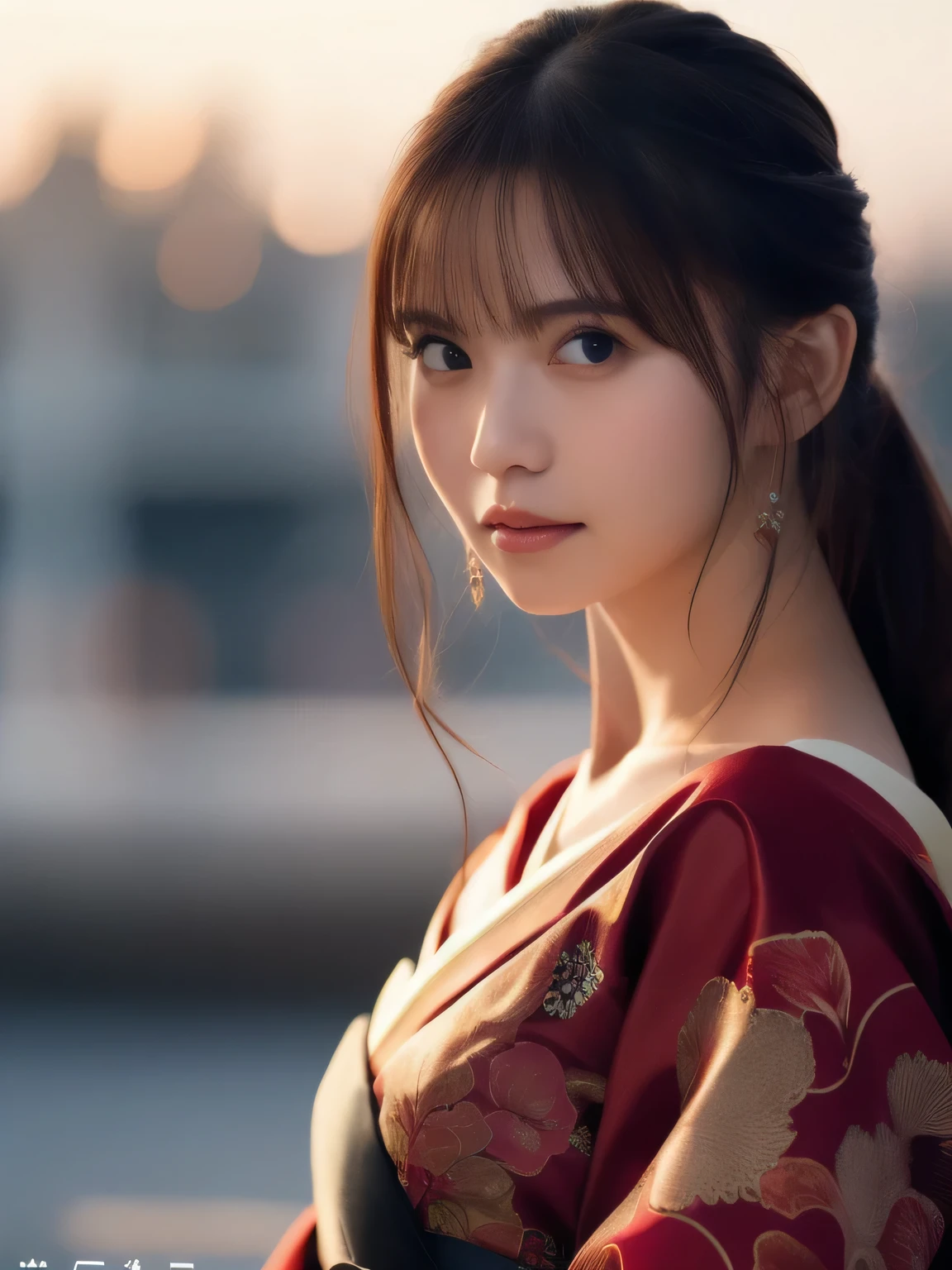 A breathtakingly beautiful 20-year-old woman with a slender physique, dressed in an elegant and luxurious black and red kimono suitable for the Japanese New Year. The background showcases a serene sunrise on New Year's Day, with a traditional Japanese shrine, snow-covered grounds, and vibrant red camellias in full bloom. The scene captures a harmonious blend of traditional beauty and the peaceful atmosphere of a snowy New Year's morning. smiles gently, FRIENDLY. ( RAW photos , top quality ), ( realistic, photo- realistic:1.4), masterpiece, extremely delicate and beautiful, extremely detailed, 2k wallpaper, amazing on the beach, detailed depiction , extremely detailed CG unity 8k wallpaper, Ultra Details, high res, Soft light, extremely detailed eyes and face, beautiful detailed nose, beautiful detailed eyes, cinematic lighting, Perfect Anatomy, slender body.