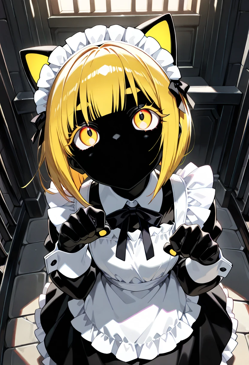 ((SFW:1.5, score_9, score_8_up, score_7_up,  blackっぽい体の女性, black:100, black skin, black glossy skin, A mouth that doesn't exist:1.3, Blonde Bob, Cool beautiful eyes :1.3, Narrow eyes:1.3, Long eyelashes,  well-groomed golden eyebrows,  super high res,  textured skin, high detail,  top quality , masterpiece, anatomically correct)), blackい猫耳,  The inside of the ear is bushy with hairs, Cat Ear Maid, White brim,  victoria maid clothes , blackい猫尻尾,  cat pose with both hands, Goo shaped hands , Looking up, from above,  Inside the mansion where bright light shines in 