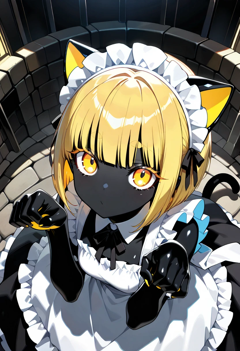 ((SFW:1.5, score_9, score_8_up, score_7_up,  blackっぽい体の女性, black:100, black skin, black glossy skin, A mouth that doesn't exist:1.35, Blonde Bob, Cool beautiful eyes :1.3, Narrow eyes:1.3, Long eyelashes,  well-groomed golden eyebrows,  super high res,  textured skin, high detail,  top quality , masterpiece, anatomically correct)), blackい猫耳,  The inside of the ear is bushy with hair, Cat Ear Maid, White brim,  victoria maid clothes , blackい猫尻尾,  cat pose with both hands, Goo shaped hands , Looking up, from above,  Inside the mansion where bright light shines in 