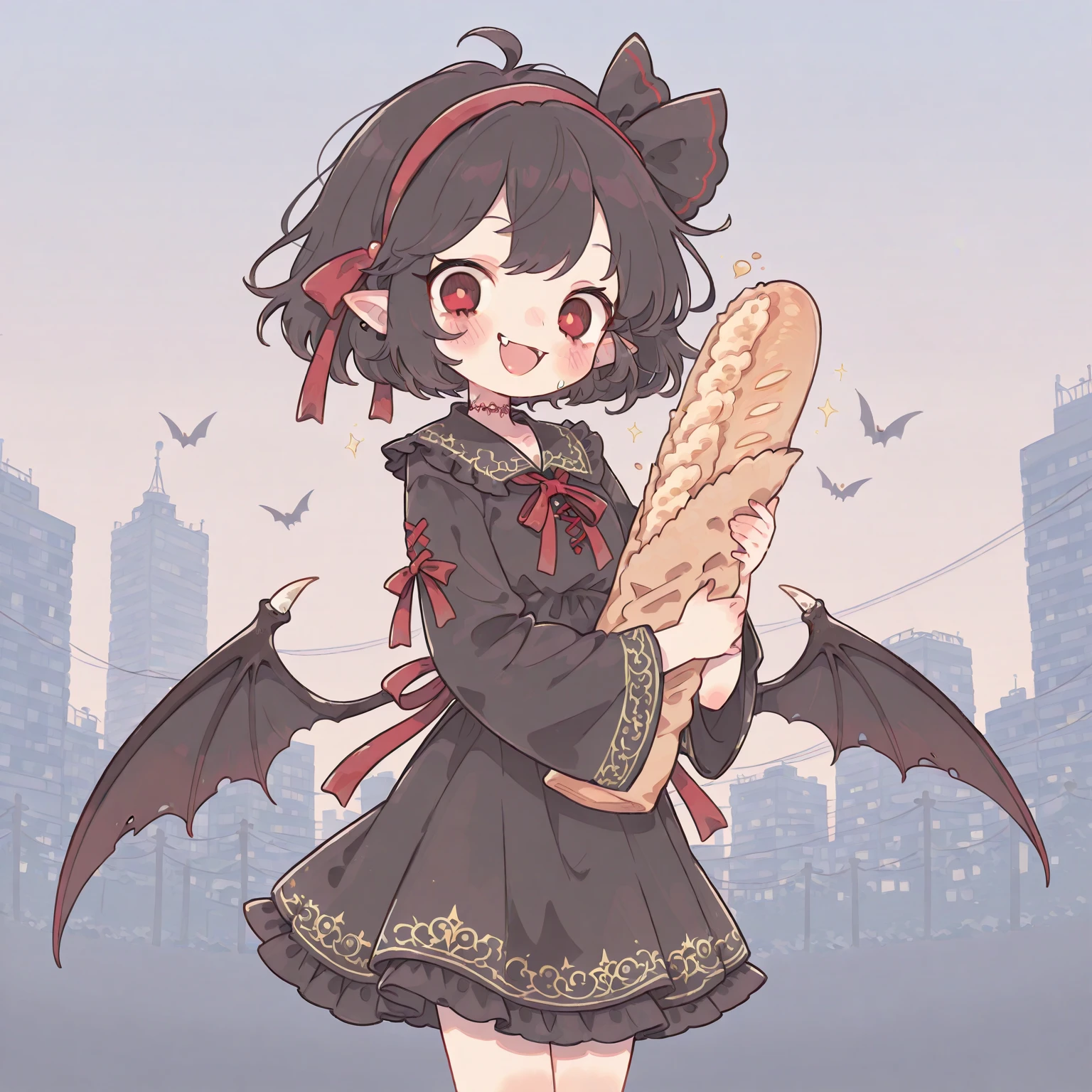 (solo:1.4),1girl\(vicomte,chibi,cute, vampire wings, red eyes,open mouth, sharp vampire fangs, black short hair, elf ear, cute (((red ribbon))) headband, (big evil smile) cute smile,face shining, big eyes, cute expression, black short robe\(with beautiful (gold embroidery)\), hugging (baguette bread) \),cute pose,black short dress\). beautiful cityscape of (Vietnam), (beautiful lotas:1.3)