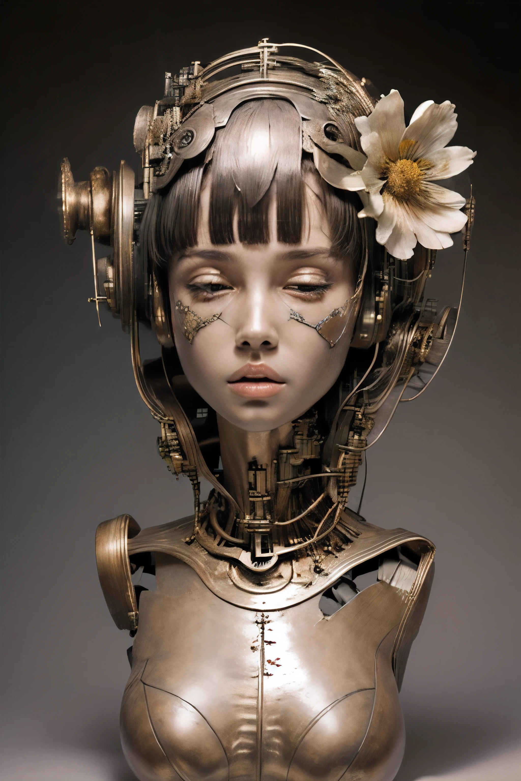 (masterpeace), ((super real photography: 1.5)), ((photo realistic: 1.3)), (real photo),
young girl with a lot of flowers, ((A young girl robot: 1.5)), (bust statue),
BREAK
headgear, ((real metalic skin)), ((beautiful face: 1.5)), ((Super cute: 1.5)), ((babyface: 1.5)), ((well-balanced face)), (close eyes: 1.3)), longeyelashes, stunning big eyes, luscious glossy lips, ((blunt bangs: 1.5)), (long hair),
BREAK
(slender body: 1.3), petite bust, flower bloom, (flowers: 1.5),
BREAK
High-Mechanic body, octane rendering, Super Detailed machine, ((connected electric cables)),
BREAK
(simple background: 1.3), ((bust shot: 1.3)), cinema quality, professional photograph, (photo studio: 1.5), (Bright Light: 1.2), Eye-Level Shot, wide lens, (fujifilm 35mm), (film photo), RAW, Excessive Embellishment, UHD,
BREAK
anatomically correct, textured skin, best quality, 8k