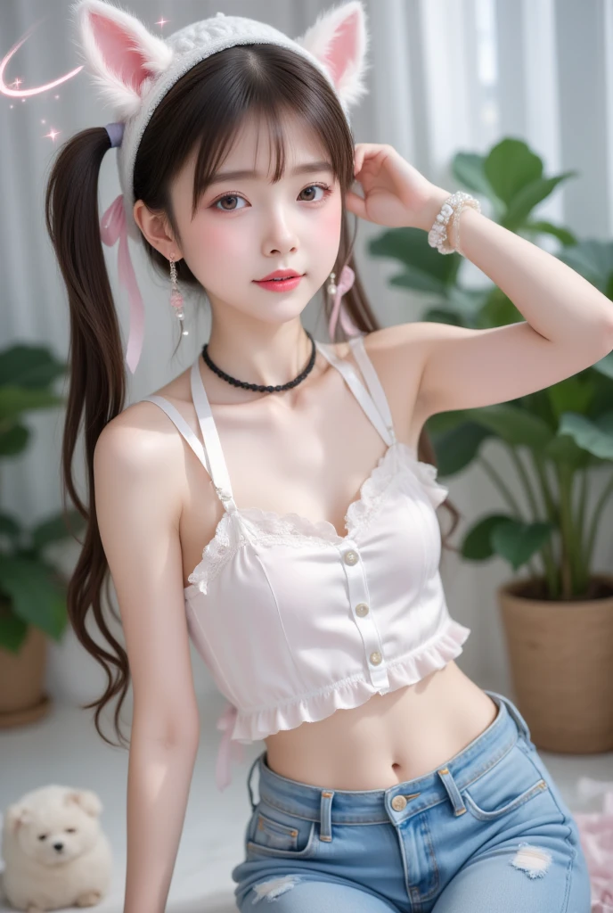 1girl, solo, long hair, looking at viewer, blush, smile, bangs, blue eyes, hat, navel, animal ears, hair between eyes, bare shoulders, twintails, jewelry, sitting, closed mouth, yellow eyes, pink hair, choker, midriff, striped, pants, necklace, bag, arm up, crop top, head tilt, low twintails, heterochromia, black choker, halo, plant, denim, camisole, jeans, hoshino \(blue archive\) , eye trail,backlighting,depth of field,cinematic lighting,light particles,lens flare, (artist:quasarcake:0.8),extreme aesthetic,(wlop:0.6),honjou honjou raita,lack,rella,wanke, raita,lack,rella ,wanke,masterpiece,best quality,good quality,newest,year 2024,year 2023,very aesthetic,absurdres,Visual impact,A shot with tension, ultra-high resolution,32K UHD,sharp focus,best quality,masterpiece,Emotionalization,unconventional supreme masterpiece,masterful details,temperate atmosphere,with a high end texture,in the style of fashion photography, (Visual impact:1.2),giving the poster a dynamic and visually striking appearance,impactful picture,offcial art,colorful,splash of color,movie perspective, masterpiece,best quality,amazing quality,very aesthetic,absurdres,best quality,newest