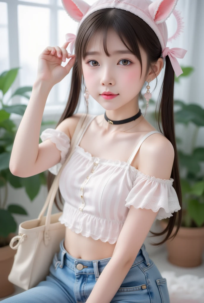 1girl, solo, long hair, looking at viewer, blush, smile, bangs, blue eyes, hat, navel, animal ears, hair between eyes, bare shoulders, twintails, jewelry, sitting, closed mouth, yellow eyes, pink hair, choker, midriff, striped, pants, necklace, bag, arm up, crop top, head tilt, low twintails, heterochromia, black choker, halo, plant, denim, camisole, jeans, hoshino \(blue archive\) , eye trail,backlighting,depth of field,cinematic lighting,light particles,lens flare, (artist:quasarcake:0.8),extreme aesthetic,(wlop:0.6),honjou honjou raita,lack,rella,wanke, raita,lack,rella ,wanke,masterpiece,best quality,good quality,newest,year 2024,year 2023,very aesthetic,absurdres,Visual impact,A shot with tension, ultra-high resolution,32K UHD,sharp focus,best quality,masterpiece,Emotionalization,unconventional supreme masterpiece,masterful details,temperate atmosphere,with a high end texture,in the style of fashion photography, (Visual impact:1.2),giving the poster a dynamic and visually striking appearance,impactful picture,offcial art,colorful,splash of color,movie perspective, masterpiece,best quality,amazing quality,very aesthetic,absurdres,best quality,newest