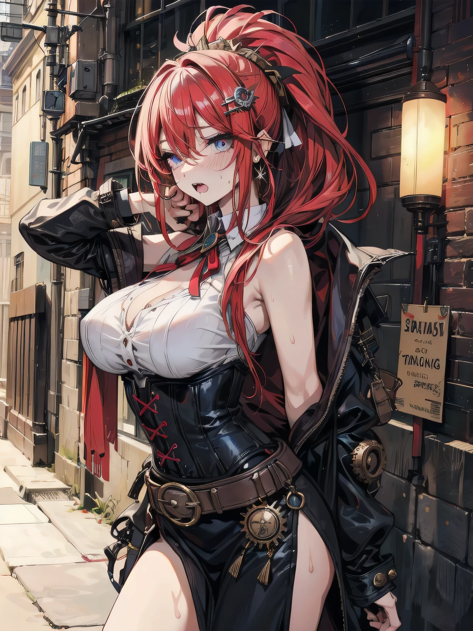 Masterpiece, A stunning anime girl with cat ears and tail, dressed in elaborate steampunk attire with leather and gear details, stands in a bustling fantasy steampunk city. She wears aviator goggles on her head, a loose corset with intricate designs, bare shoulders, and carries a mechanical weapon. The city background is filled with brick buildings, metal pipes, airships, and intricate machinery. The atmosphere is a mix of warm sepia tones and glowing lights from gas lamps, with a slight mist in the air. Her vibrant eyes and confident smile captivate the viewer. The scene exudes a blend of technology and magic, creating a unique and enchanting steampunk fantasy world. She has red hair and a confident face, ara ara face.
She is a secret assassin, she hold a big magic fire sword, she is circumspect. She wears a crop top hood that does not cover her cat ears, bare shoulders. Assassins creed vibes