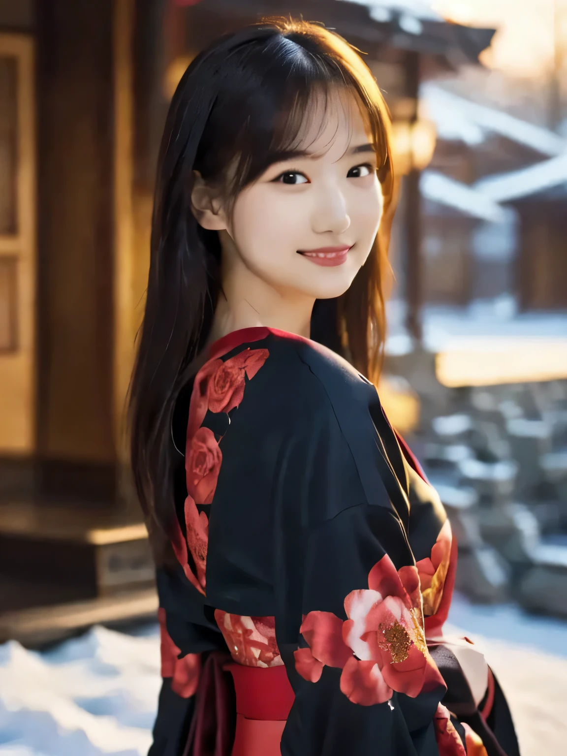 A breathtakingly beautiful 20-year-old woman with a slender physique, dressed in an elegant and luxurious black and red kimono suitable for the Japanese New Year. The background showcases a serene sunrise on New Year's Day, with a traditional Japanese shrine, snow-covered grounds, and vibrant red camellias in full bloom. The scene captures a harmonious blend of traditional beauty and the peaceful atmosphere of a snowy New Year's morning. smiles gently, FRIENDLY. ( RAW photos , top quality ), ( realistic, photo- realistic:1.4), masterpiece, extremely delicate and beautiful, extremely detailed, 2k wallpaper, amazing on the beach, detailed depiction , extremely detailed CG unity 8k wallpaper, Ultra Details, high res, Soft light, extremely detailed eyes and face, beautiful detailed nose, beautiful detailed eyes, cinematic lighting, Perfect Anatomy, slender body.