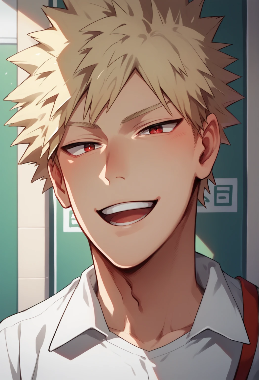 score_9, score_8_above, score_7_above, source_anime, anime,  anime coloring ,  looking at the viewer, 1 boy, Alone,  male focus , ,  gravely toned man ,  bust shot,  seductive smile,  Open mouth, ,  blonde hair,  red eyes 