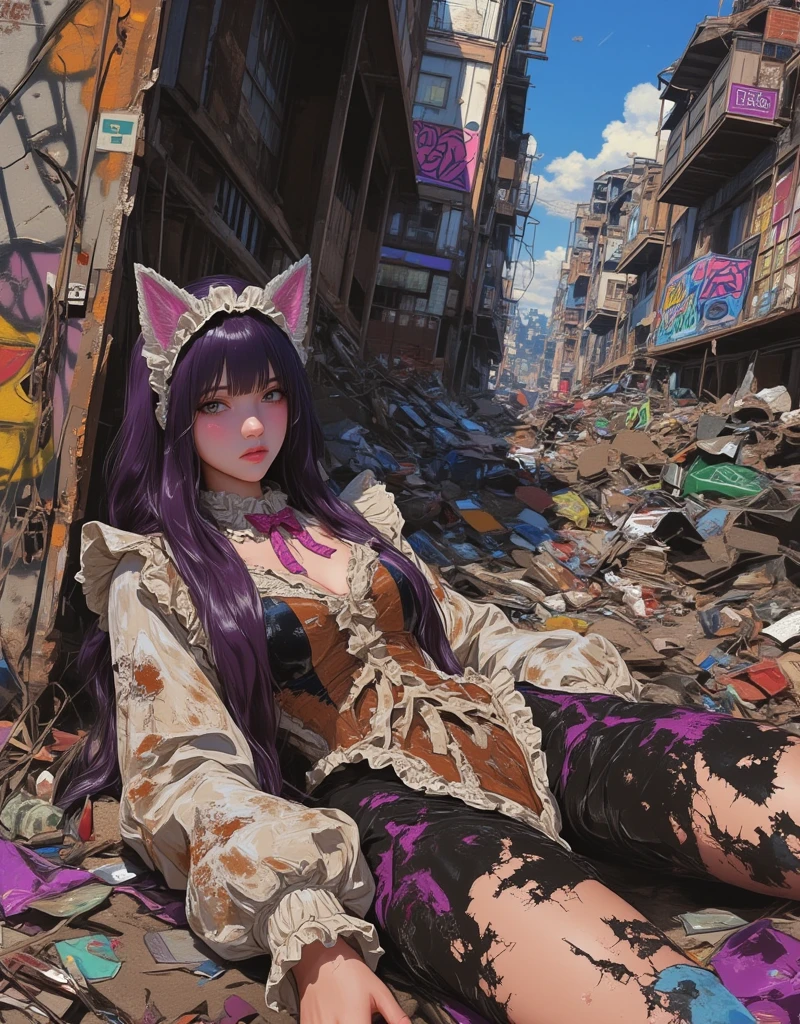 A cat-eared girl sex doll abandoned in a garbage dump in a building-line area, Girl with Cat ear headband, Neko Mimi Mode, straight dark purple long hair, Horizontal fringe hair, detailed dirty lolita outfit, Lolita costume torn in places, cat ears with light pink inside, art by Bernie D’Andrea, Street art on the wall, details Underground Comic Art, Dirty cat ear girl illustration, glitch, egmid