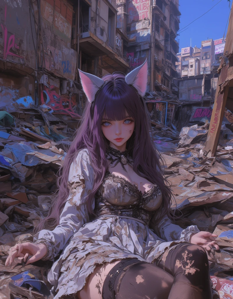 A cat-eared girl sex doll abandoned in a garbage dump in a building-line area, Girl with Cat ear headband, Neko Mimi Mode, straight dark purple long hair, Horizontal fringe hair, detailed dirty lolita outfit, Lolita costume torn in places, cat ears with light pink inside, art by Bernie D’Andrea, Street art on the wall, details Underground Comic Art, Dirty cat ear girl illustration, glitch, egmid