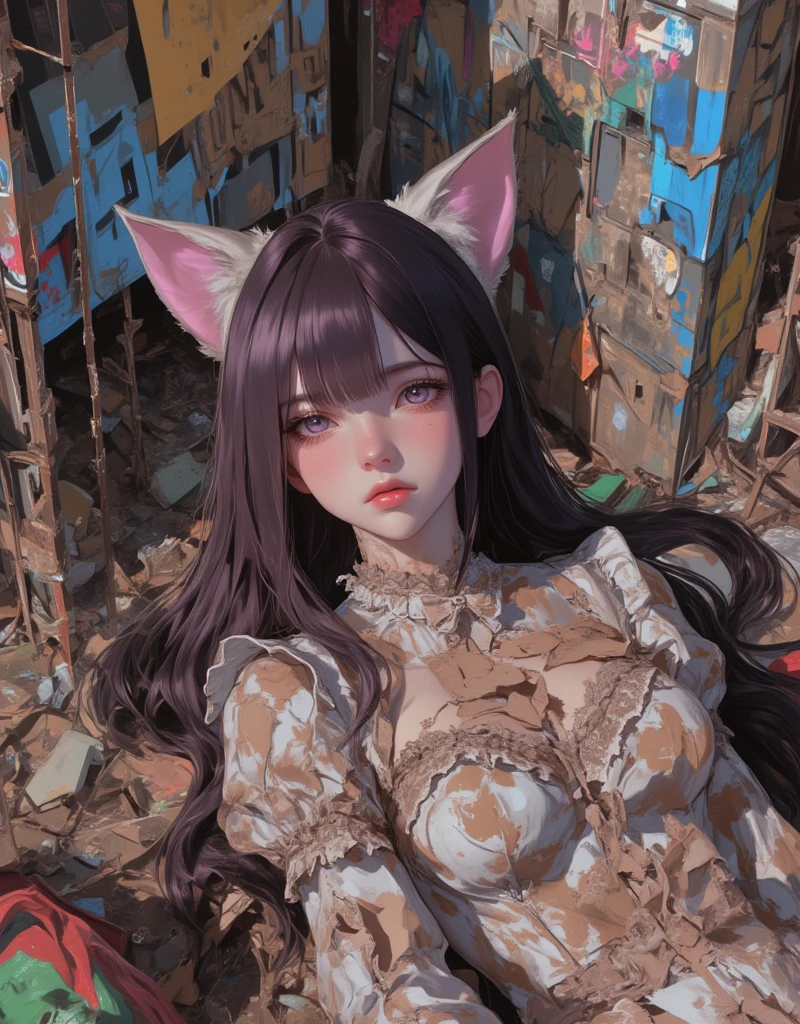 A cat-eared girl sex doll abandoned in a garbage dump in a building-line area, Girl with Cat ear headband, Neko Mimi Mode, straight dark purple long hair, Horizontal fringe hair, detailed dirty lolita outfit, Lolita costume torn in places, cat ears with light pink inside, art by Bernie D’Andrea, Street art on the wall, details Underground Comic Art, Dirty cat ear girl illustration, glitch, egmid