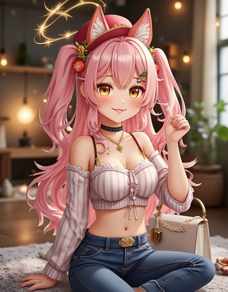 1girl, solo, long hair, looking at viewer, blush, smile, bangs, blue eyes, hat, navel, animal ears, hair between eyes, bare shoulders, twintails, jewelry, sitting, closed mouth, yellow eyes, pink hair, choker, midriff, striped, pants, necklace, bag, arm up, crop top, head tilt, low twintails, heterochromia, black choker, halo, plant, denim, camisole, jeans, hoshino \(blue archive\) , eye trail,backlighting,depth of field,cinematic lighting,light particles,lens flare, (artist:quasarcake:0.8),extreme aesthetic,(wlop:0.6),honjou honjou raita,lack,rella,wanke, raita,lack,rella ,wanke,masterpiece,best quality,good quality,newest,year 2024,year 2023,very aesthetic,absurdres,Visual impact,A shot with tension, ultra-high resolution,32K UHD,sharp focus,best quality,masterpiece,Emotionalization,unconventional supreme masterpiece,masterful details,temperate atmosphere,with a high end texture,in the style of fashion photography, (Visual impact:1.2),giving the poster a dynamic and visually striking appearance,impactful picture,offcial art,colorful,splash of color,movie perspective, masterpiece,best quality,amazing quality,very aesthetic,absurdres,best quality,newest,,Cardboard art engraving