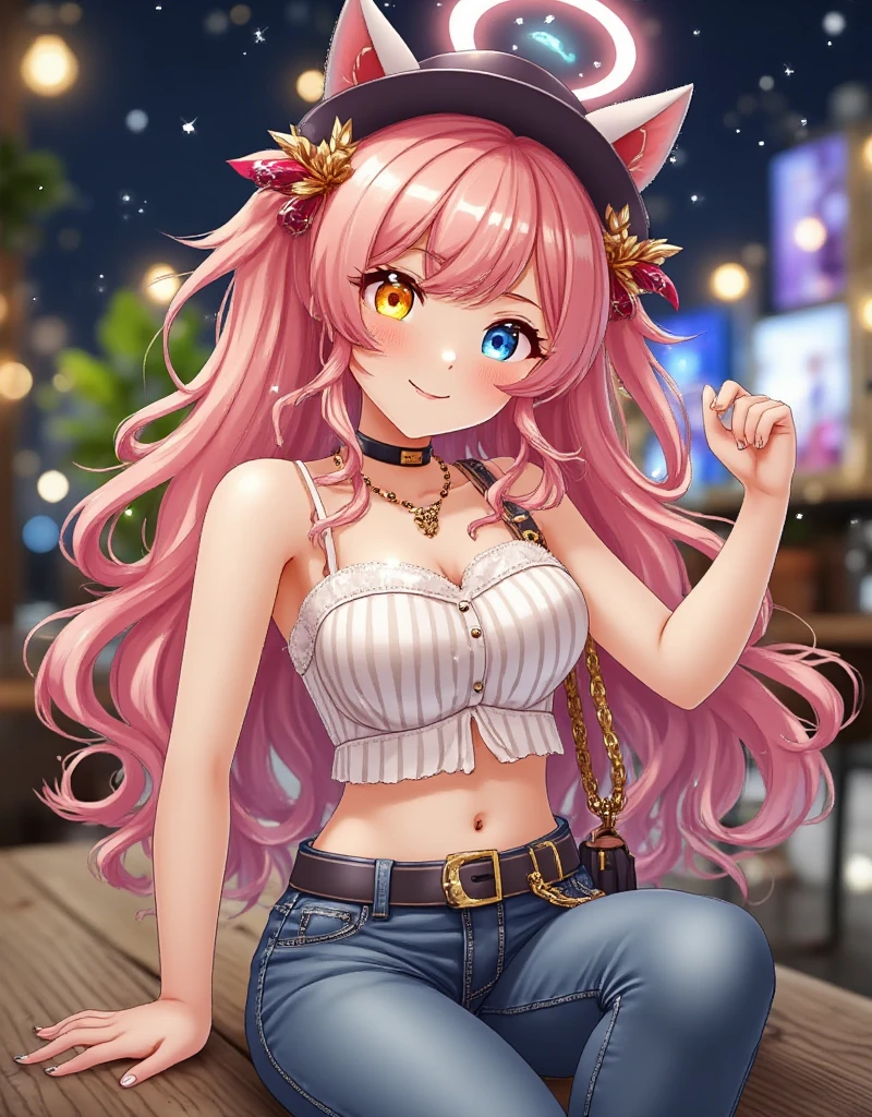 1girl, solo, long hair, looking at viewer, blush, smile, bangs, blue eyes, hat, navel, animal ears, hair between eyes, bare shoulders, twintails, jewelry, sitting, closed mouth, yellow eyes, pink hair, choker, midriff, striped, pants, necklace, bag, arm up, crop top, head tilt, low twintails, heterochromia, black choker, halo, plant, denim, camisole, jeans, hoshino \(blue archive\) , eye trail,backlighting,depth of field,cinematic lighting,light particles,lens flare, (artist:quasarcake:0.8),extreme aesthetic,(wlop:0.6),honjou honjou raita,lack,rella,wanke, raita,lack,rella ,wanke,masterpiece,best quality,good quality,newest,year 2024,year 2023,very aesthetic,absurdres,Visual impact,A shot with tension, ultra-high resolution,32K UHD,sharp focus,best quality,masterpiece,Emotionalization,unconventional supreme masterpiece,masterful details,temperate atmosphere,with a high end texture,in the style of fashion photography, (Visual impact:1.2),giving the poster a dynamic and visually striking appearance,impactful picture,offcial art,colorful,splash of color,movie perspective, masterpiece,best quality,amazing quality,very aesthetic,absurdres,best quality,newest,,Cardboard art engraving