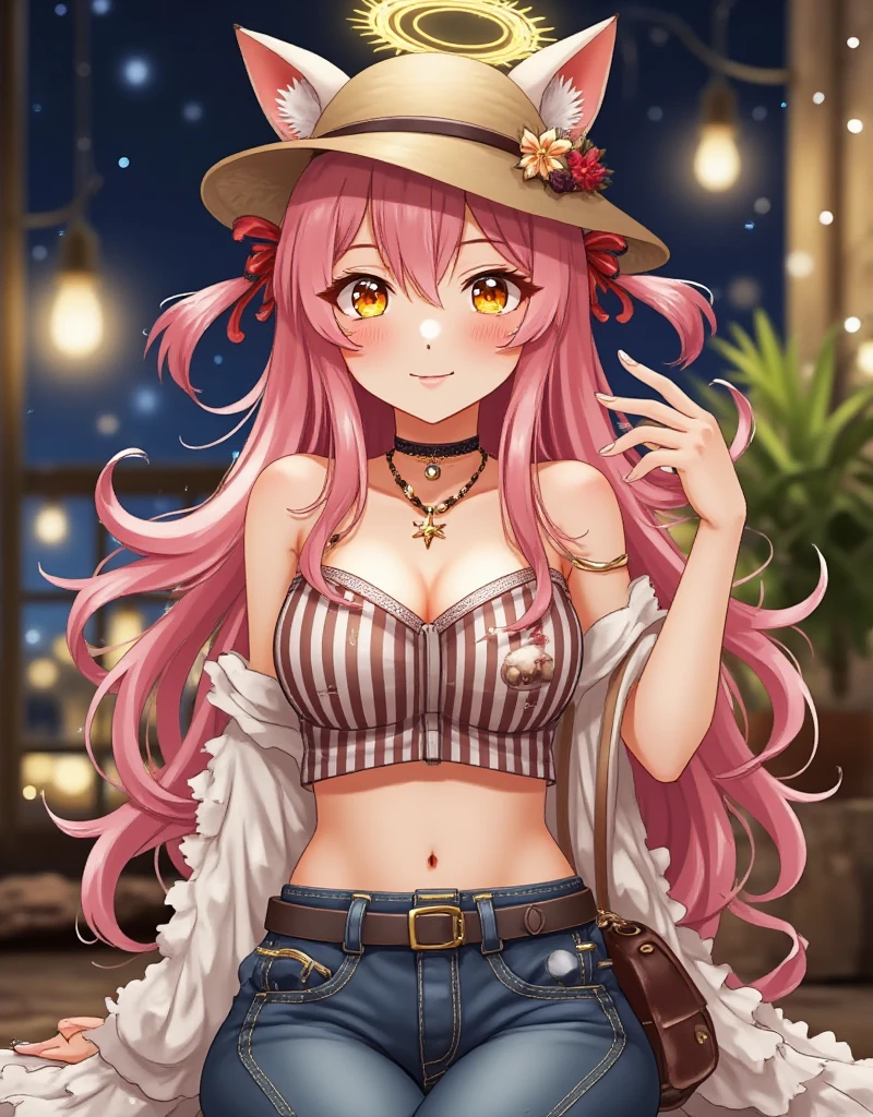 1girl, solo, long hair, looking at viewer, blush, smile, bangs, blue eyes, hat, navel, animal ears, hair between eyes, bare shoulders, twintails, jewelry, sitting, closed mouth, yellow eyes, pink hair, choker, midriff, striped, pants, necklace, bag, arm up, crop top, head tilt, low twintails, heterochromia, black choker, halo, plant, denim, camisole, jeans, hoshino \(blue archive\) , eye trail,backlighting,depth of field,cinematic lighting,light particles,lens flare, (artist:quasarcake:0.8),extreme aesthetic,(wlop:0.6),honjou honjou raita,lack,rella,wanke, raita,lack,rella ,wanke,masterpiece,best quality,good quality,newest,year 2024,year 2023,very aesthetic,absurdres,Visual impact,A shot with tension, ultra-high resolution,32K UHD,sharp focus,best quality,masterpiece,Emotionalization,unconventional supreme masterpiece,masterful details,temperate atmosphere,with a high end texture,in the style of fashion photography, (Visual impact:1.2),giving the poster a dynamic and visually striking appearance,impactful picture,offcial art,colorful,splash of color,movie perspective, masterpiece,best quality,amazing quality,very aesthetic,absurdres,best quality,newest,,Cardboard art engraving