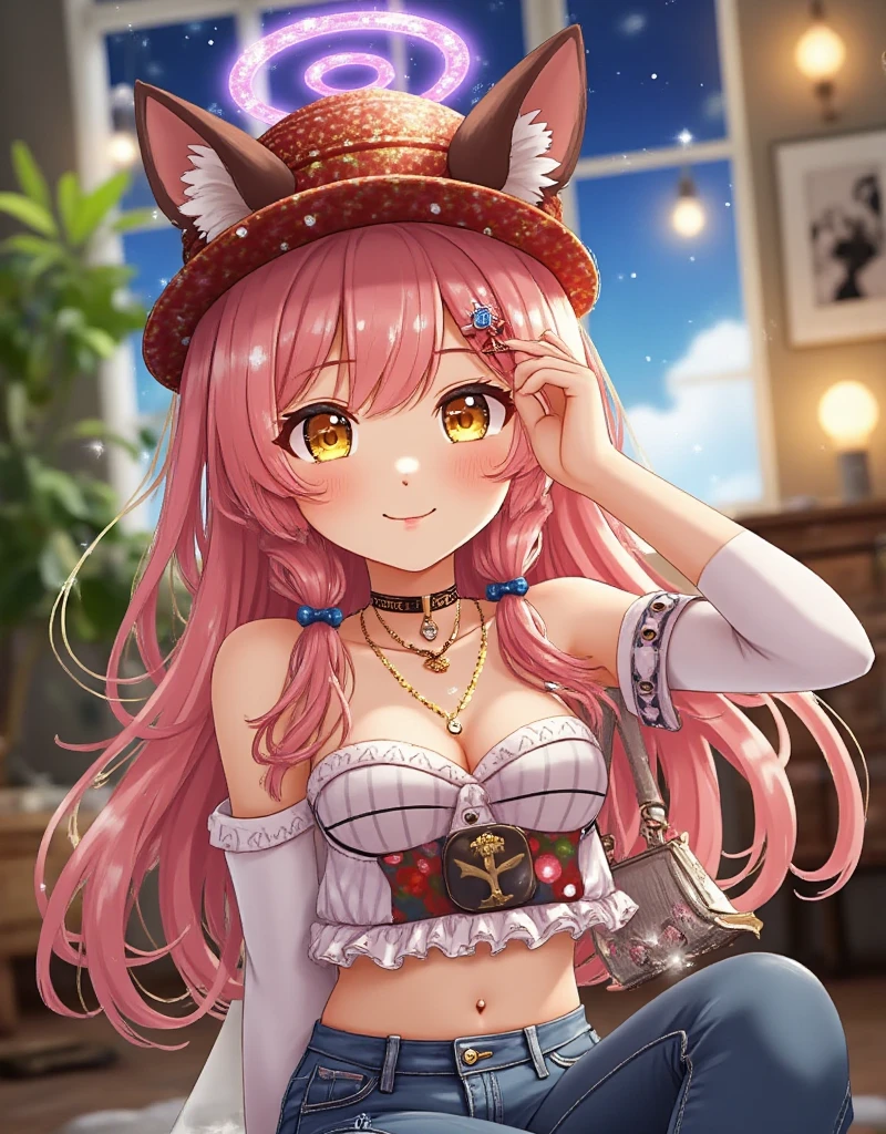 1girl, solo, long hair, looking at viewer, blush, smile, bangs, blue eyes, hat, navel, animal ears, hair between eyes, bare shoulders, twintails, jewelry, sitting, closed mouth, yellow eyes, pink hair, choker, midriff, striped, pants, necklace, bag, arm up, crop top, head tilt, low twintails, heterochromia, black choker, halo, plant, denim, camisole, jeans, hoshino \(blue archive\) , eye trail,backlighting,depth of field,cinematic lighting,light particles,lens flare, (artist:quasarcake:0.8),extreme aesthetic,(wlop:0.6),honjou honjou raita,lack,rella,wanke, raita,lack,rella ,wanke,masterpiece,best quality,good quality,newest,year 2024,year 2023,very aesthetic,absurdres,Visual impact,A shot with tension, ultra-high resolution,32K UHD,sharp focus,best quality,masterpiece,Emotionalization,unconventional supreme masterpiece,masterful details,temperate atmosphere,with a high end texture,in the style of fashion photography, (Visual impact:1.2),giving the poster a dynamic and visually striking appearance,impactful picture,offcial art,colorful,splash of color,movie perspective, masterpiece,best quality,amazing quality,very aesthetic,absurdres,best quality,newest,,Cardboard art engraving