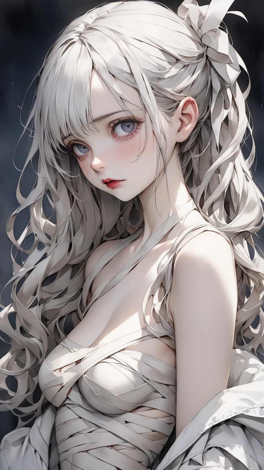 masterpiece, best quality, Extremely detailed, The best shadow, Beautiful and delicate face, Beautiful and delicate eyes, girl, Big breasts, Long silver hair, Black bare shoulder,, White background:1.3, (Face focus:1.3, Eye close-up:1.3), (From the back:1.3)