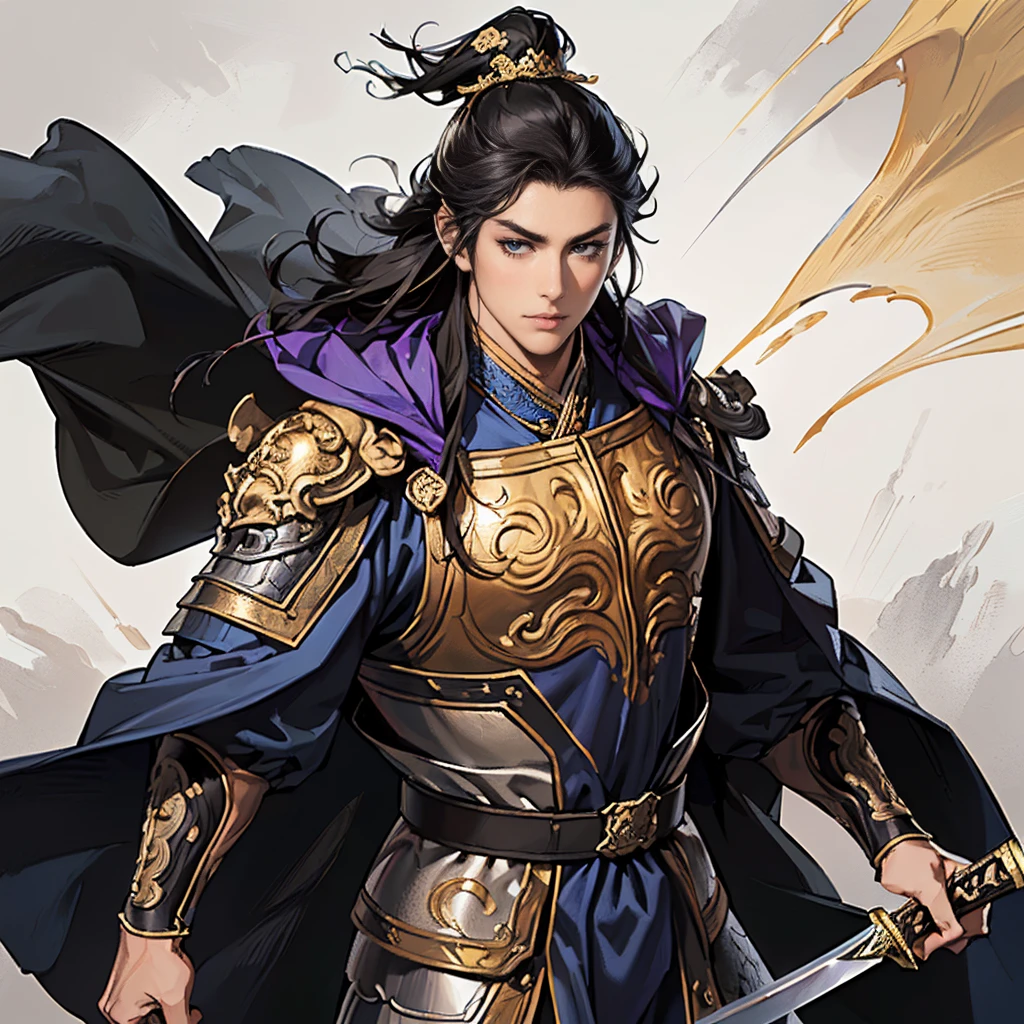 ( top quality ,4K,8k, high res,masterpiece:1.2),super detailed,(super fine illustration),((( A man in armor with a sword drawn in an anime-style illustration ))),20 years old,handsome man,Heroes of the Three Kingdoms:1.3, Confident Expression ,((Long black hair and droopy bangs :1.3)), detailed eyes :1.2, perfect eyes,(( Attractive Dark Eyes )),( well-trained body),cinematic lighting, , soft shadows,(( Extremely engraved silver armor with extreme gold engraving leading to a detailed work of art :1.3, Deeply wearing an ancient Chinese silver helmet drawn in detail :1.3, A dark purple cloak with detailed gold embroidery drawn in detail:1.3,dynamic pause:1.3, holding an ancient Chinese sword drawn in detail :1.3)),(( cowboy shot:1.2)),(( white background:1.3,simple background:1.2)),(( standing:1.3, depicted so as not to be visible from the tip of her head to above her knee :1.3))