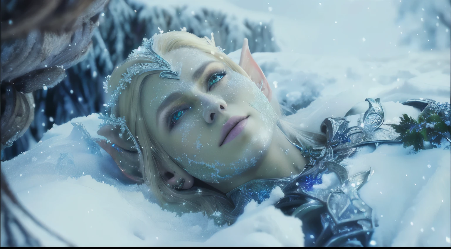 blond woman with green eyes laying in snow with man, still from a fantasy movie, fantasy movie still, frost clings to her skin, elf with blue skin, square enix cinematic art, wintry rumpelstiltskin, ultra realistic concept art, of an elden ring elf, a male elf, detailed cinematic render, hyperrealistic fantasy art, realistic fantasy render