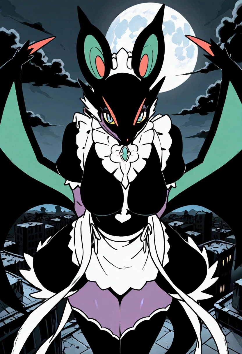 uploaded on e621, female, solo, anthro, fur, feral, mammal, scalie, pokemon, noivern, two tone body, multicolored body, black and purple body, big large breasts, maid apron, long black maid uniform, uniform, clothing, white headwear, black panties, long black maid dress, black maid topwear, black thigh highs, thin body, thick thight, wide hips, tail, wings, arms crossed behind back, hidden breasts, unimpressed, looking at the viewer, post-apocalypse, desolated crumbling medieval city on background, late night, moon, dark alleyway, black clouds, detailed face, seductive pose, close-up, bust-portrait, upper-body, on a rooftop, sexy pose, leaning forward, leaning toward viewer, 