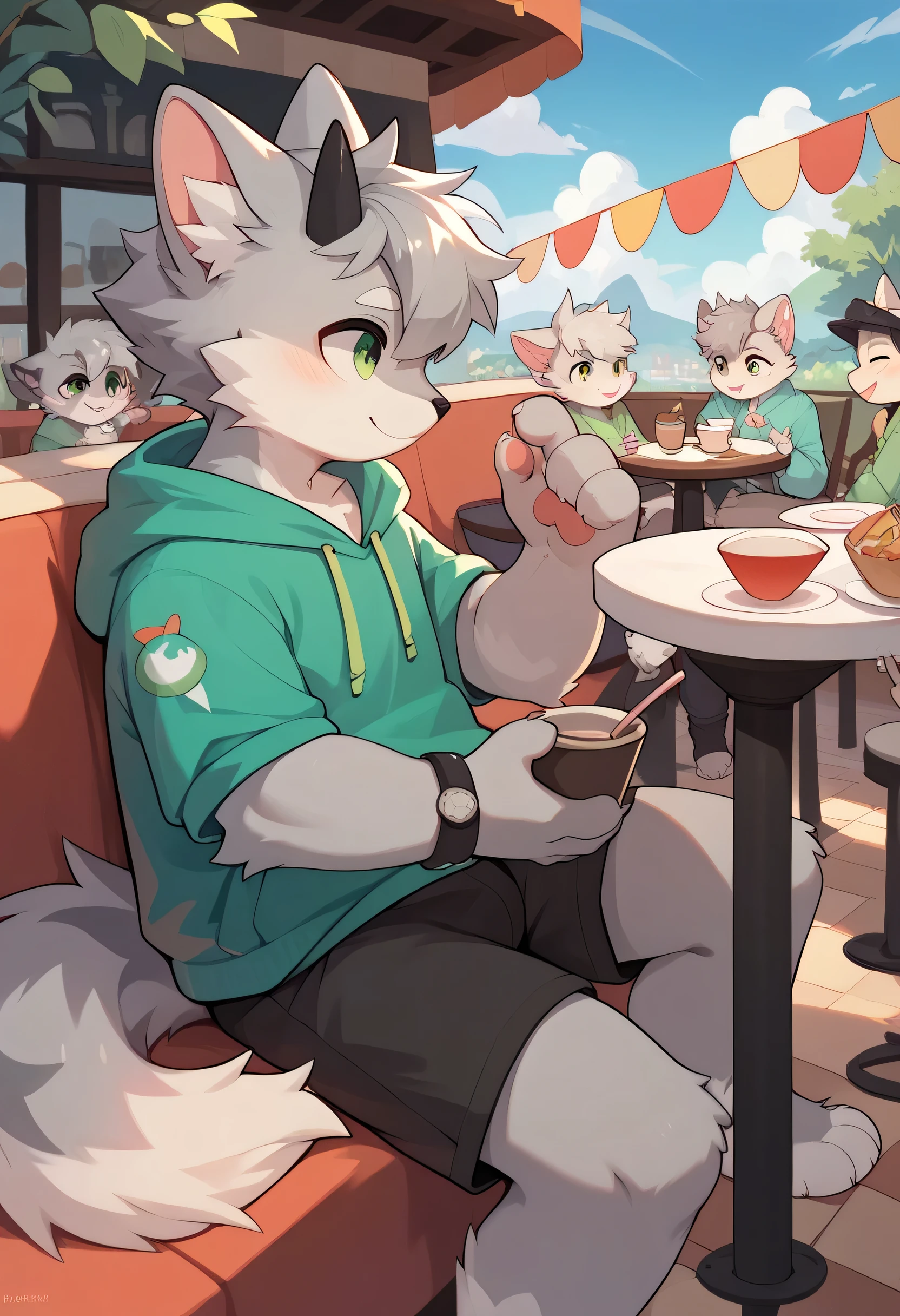 (  sex, gray hair,)  very detailed, super high res,Cafe,,Deliver the letter, boys, fluffy fur  ,participate, cute face, rucksack,No friends, shorts, Green Hoodie  ,