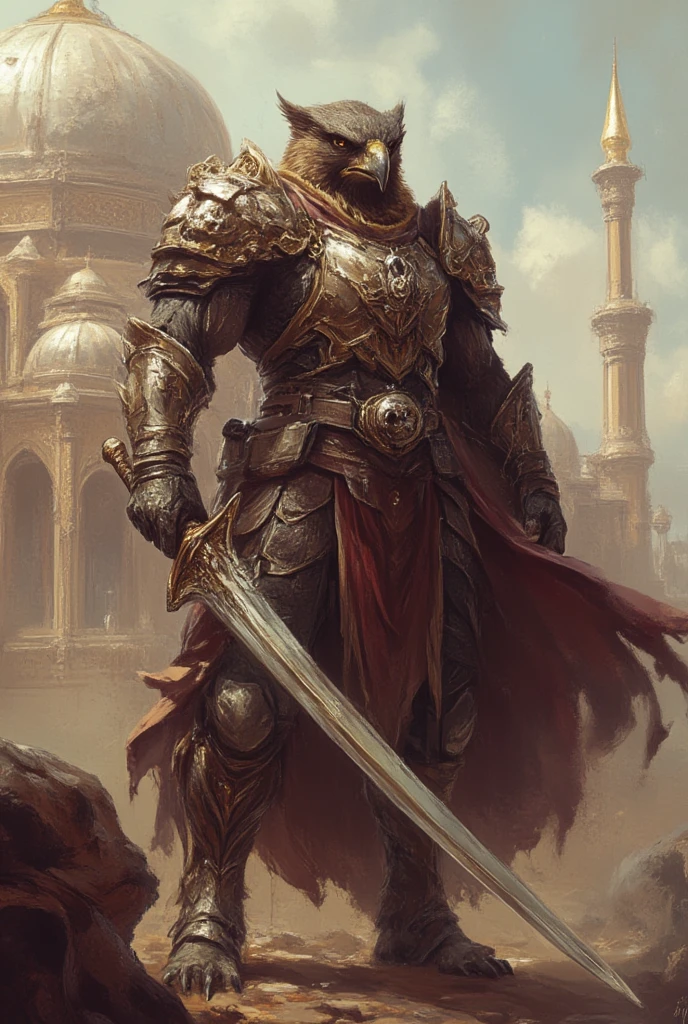 A falcon warrior in Ottoman-inspired armor, holding a curved sword, standing near a grand palace.