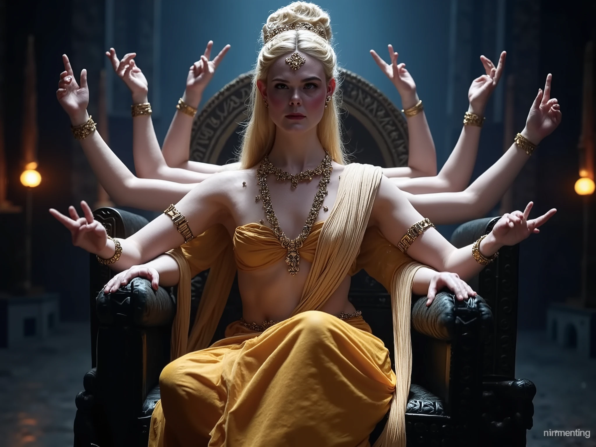 Elle Fanning representing a modern and stylized version of the goddess Kali, with radiant blonde hair, maintaining an ultra realistic and natural look. She is surrounded by a mystical aura, with multiple arms adorned with golden bracelets and intricate jewelry. Her skin has a light celestial tone, standing out in a dark environment but with professional lighting and HDR effects. Elle's eyes shine with a divine aura, and she wears clothing inspired by Indian culture, combined with a contemporary touch, showing a mix of power and femininity. Background with spiritual elements such as fire, mist and Hindu symbols.