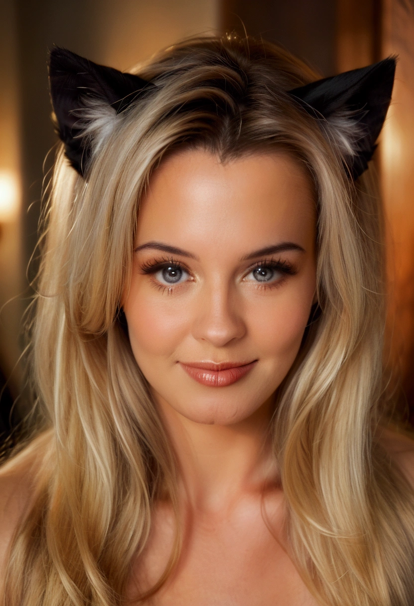 photorealistic portrait of a smiling girl with cat ears, extremely detailed face and eyes, detailed lips, long eyelashes, beautiful detailed features, soft lighting, warm color tones, cinematic, 8k, high quality, masterpiece