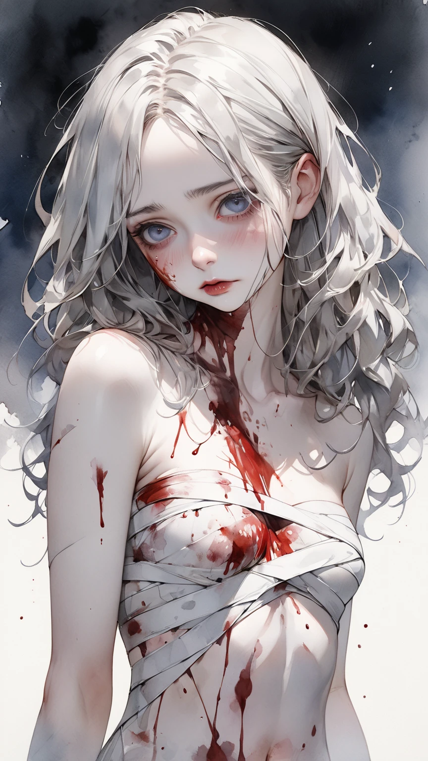 Corpse, sinister, woman, Thin, pale, Looking at the camera, Surreal, Very detailed, cemetery environment, Bright Eyes, White dress torn，Stained with blood, Bones exposed, rotten wound, Sensual, scary, Physical Injury, clavicle fracture, Smile, Ultra Detailed