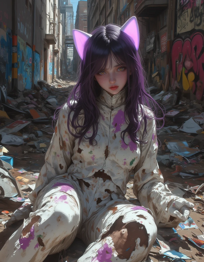 A cat-eared girl sex doll abandoned in a garbage dump in a building-line area, love doll girl with Cat ear headband, Hollow Eyes, Neko Mimi Mode, straight dark purple long hair, Horizontal fringe hair, detailed filthy lolita outfit, Lolita costume torn in places, cat ears with light pink inside, art by Bernie D’Andrea, Street art on the wall, details Underground Comic Art, filthy cat ear love doll illustration, glitch, egmid