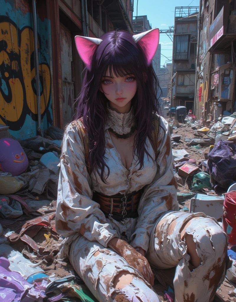 A cat-eared girl sex doll abandoned in a garbage dump in a building-line area, love doll girl with Cat ear headband, Hollow Eyes, Neko Mimi Mode, straight dark purple long hair, Horizontal fringe hair, detailed filthy lolita outfit, Lolita costume torn in places, cat ears with light pink inside, art by Bernie D’Andrea, Street art on the wall, details Underground Comic Art, filthy cat ear love doll illustration, glitch, egmid