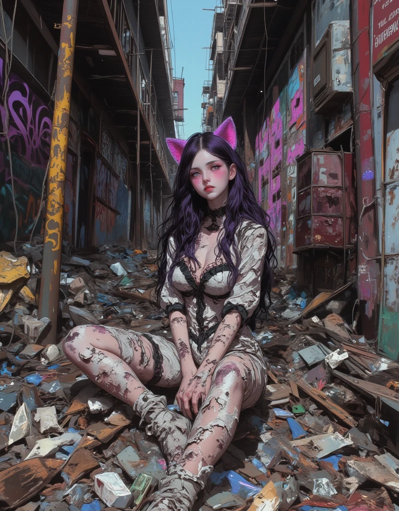 A cat-eared girl sex doll abandoned in a garbage dump in a building-line area, love doll girl with Cat ear headband, Hollow Eyes, Neko Mimi Mode, straight dark purple long hair, Horizontal fringe hair, detailed filthy lolita outfit, Lolita costume torn in places, cat ears with light pink inside, art by Bernie D’Andrea, Street art on the wall, details Underground Comic Art, filthy cat ear love doll illustration, glitch, egmid